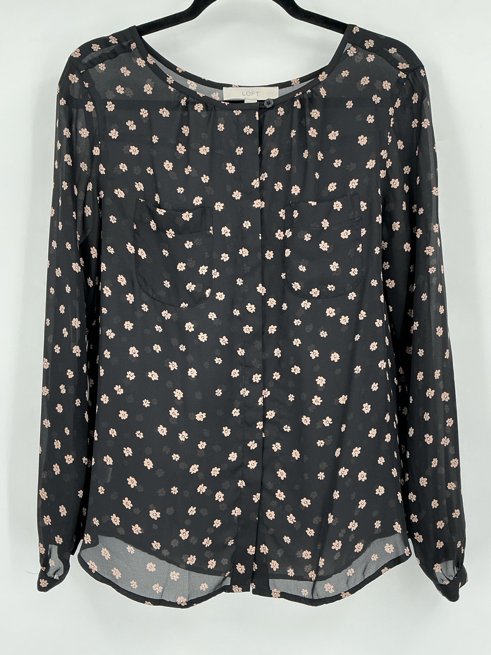 LOFT Black Sheer Pink Floral Print Utility Layering Blouse